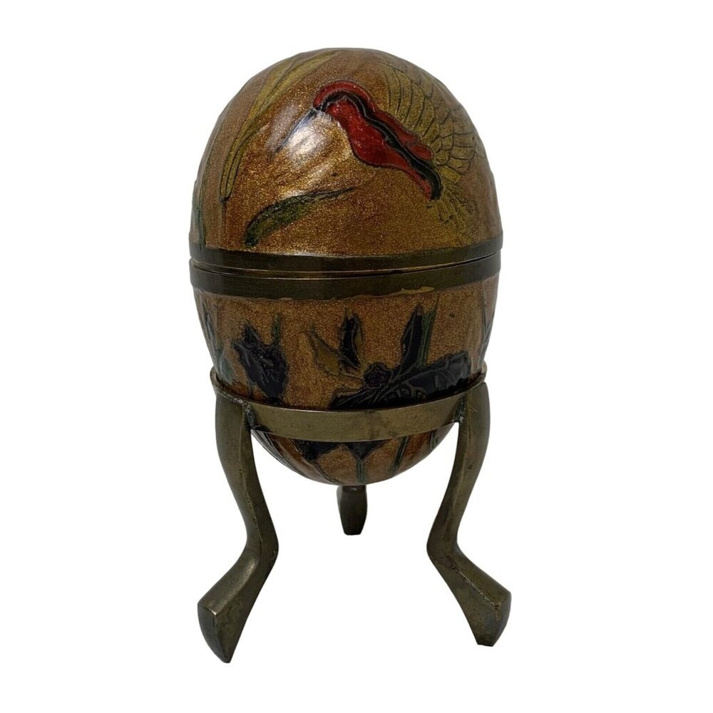 Vintage Brass Enamel Egg Cloisonne Trinket Box With Stand Hummingbird Flowers